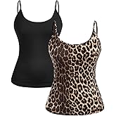 BEAUDRM Women's 2 Pack Leopard Print Spaghetti Strap Cami Tops Slim Fit Crew Neck Sleeveless Camisole