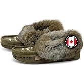 Laurentian Chief Women's Suede Slippers Rabbit Fur Collar Soft Sole Moccasins