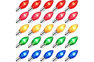 SOTOPOO 25 Pack Multi-color C7 Replacement Christmas Light Bulbs Vintage Colorful Light Bulbs, for C7 Christmas lights Replacement Bulbs & Christmas Tree Home Party Yard Color Bulb Decor, E12 Base, 5W