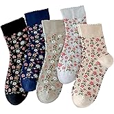 DXYAKY 5 Pairs Womens Vintage Floral Cotton Socks Novelty Patterned Dress Socks Ladies Embroidered Casual Crew Ankle Socks