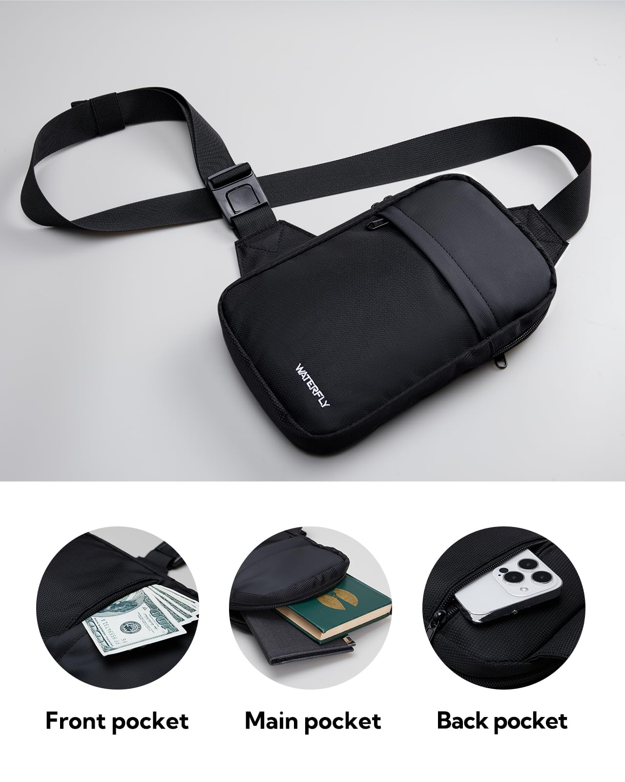 WATERFLY Umhängetasche Crossbody Brusttasche Schultertasche: Sling Bag Tasche Herren Klein Handtasche Crossover Crossbag Schulter Männer Handy Bauch Sportarten Wandern 5