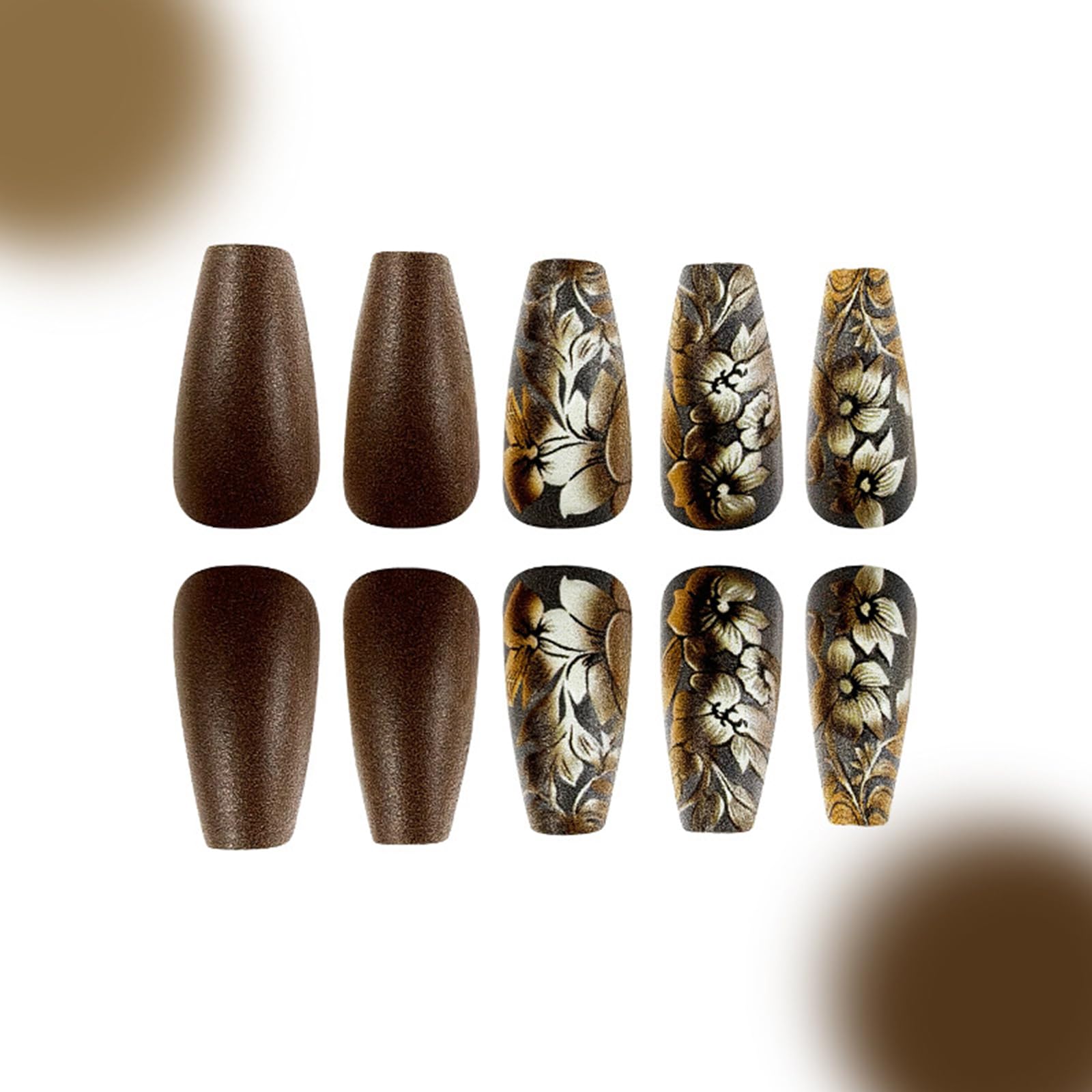 Brown Press on Nails Long Coffin Fake Nails with 3D Gold Embossed Flower Designs Floral Square False Nails Noble Flowers Glue on Nails Luxury Acrylic Artificial Stick on Nails for Women Girls 24Pcs - Image 2