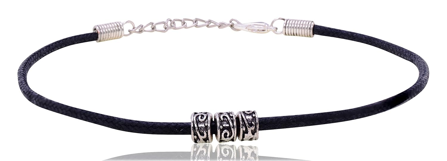 gurjari stylish women's black thread anklet with carving oxdised beads (a130)