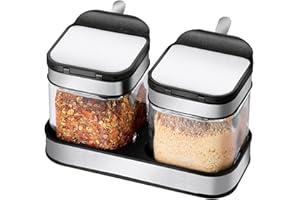 SvaTao Condiment Jar Spice Container with 304 Stainless Steel Lids and Spoons,Clear Glass Condiment Canisters Pots Seasoning Box Salt Container Sugar Bowl Set of 2 for Kitchen, Counter, Food Storage