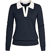 Kate Kasin Women Long Sleeve Polo Sweater V Neck Knitted Tops Casual Ribbed Shirt Loose Pullover Sweater