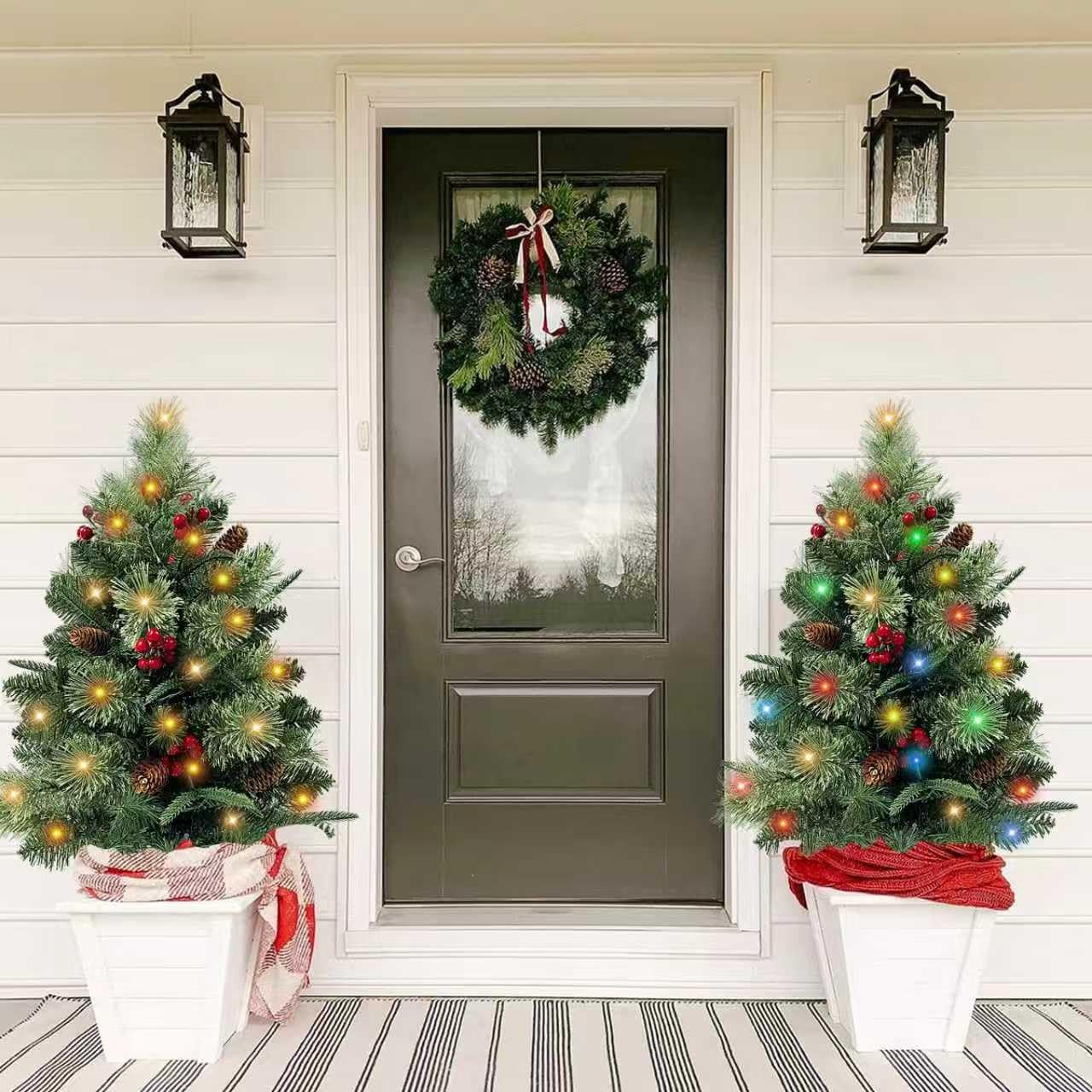 Photo 1 of ***STYLE MAY DIFFER*** QIANF 2 Pack Pre-lit Artificial Christmas Trees with Multi-Color Lights, Timer, 30 Inch Battery Operated Lighted Porch Christmas Trees Outdoor Holiday Decorations for Entrance Pathway Front Door Yard