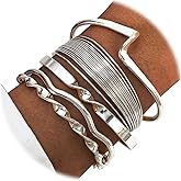 17IF Silver Bangle Bracelet for Women, 14k Multilayer Charm Textured Stackable Bracelets Lightning Bangles Indian Chunky Cuff Fashion Jewelry Gift