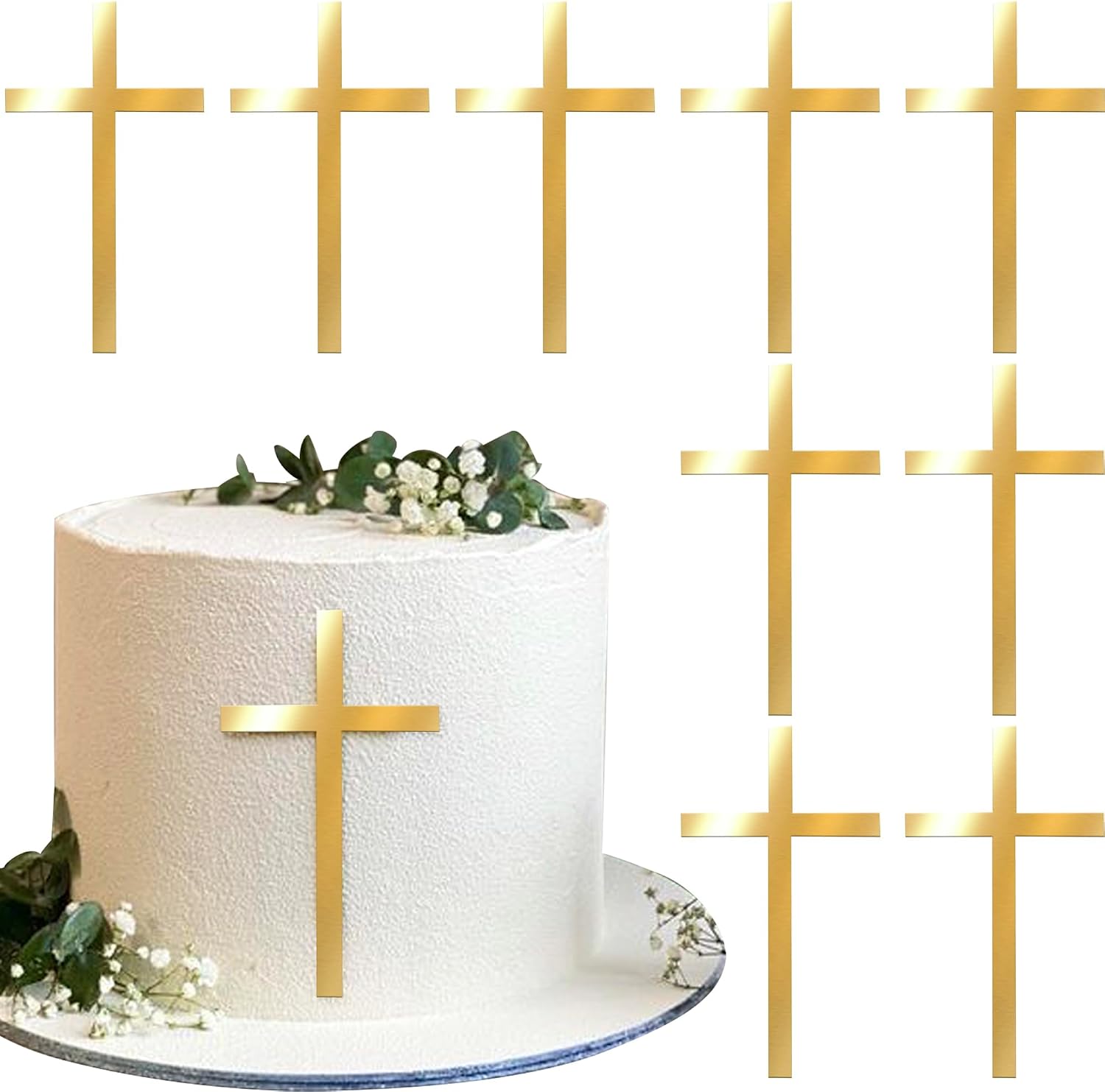 ZHUOWEISM 10 PCS Acrylic Cross Cake Topper Christian Baptism God Bless Cake Pick for First Communion Theme Baby Shower Birthday Party Cake Decorations Supplies Gold