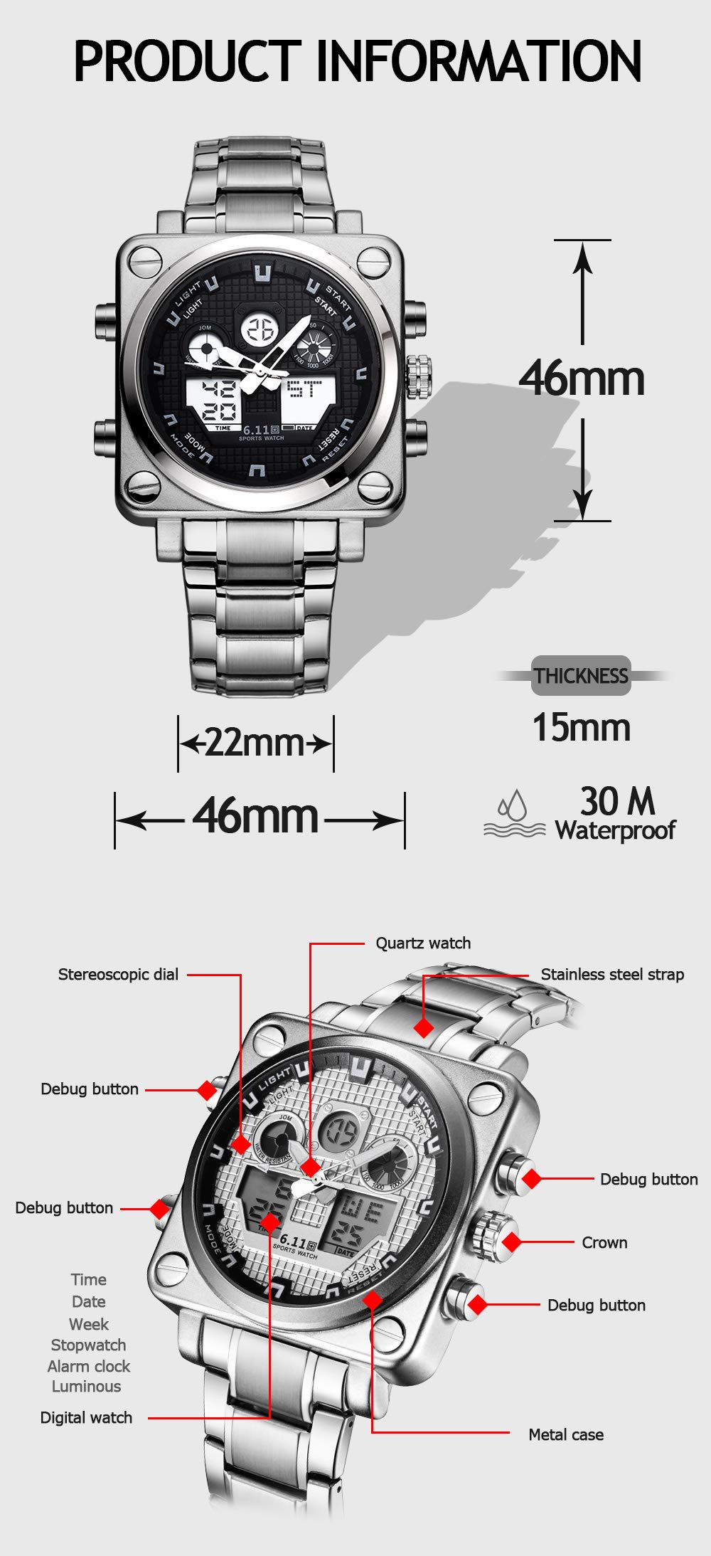 Sailine multifunzione uomo Soprt orologio doppio movimento 2 fuso orario con cinturino in acciaio INOX marca 30 m impermeabile (silver)