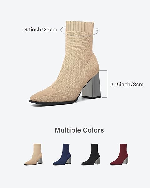 NEWBELLA WOMEN’S POINTED TOE ANKLE BOOTS-MINIMALIST CHUNKY HEEL SOCK BOOTIES, STRETCH KNIT SLIM FIT CASUAL BOOTS FOR FALL & WINTER