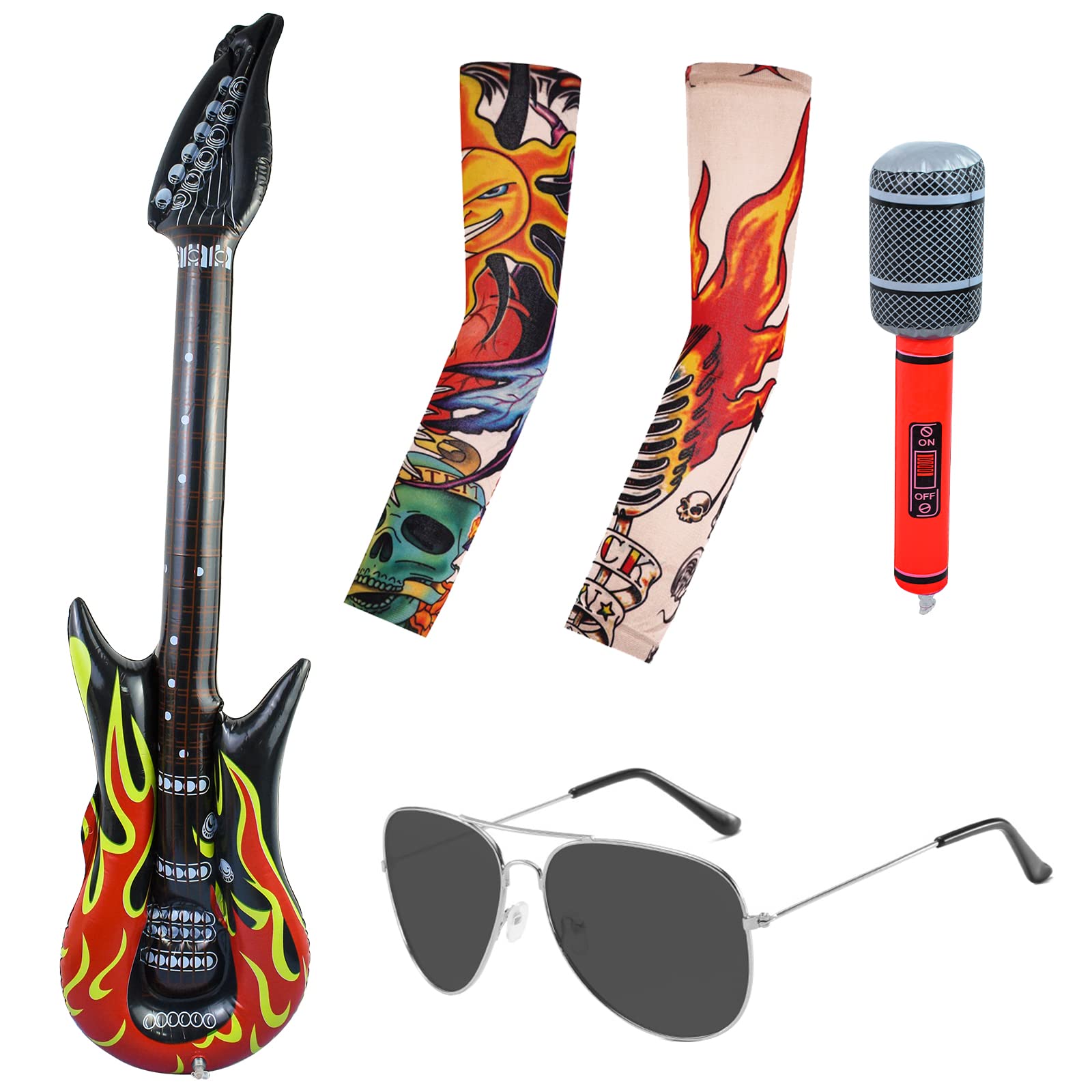5Pcs Rocker Fancy Dress Accessories 70s 80s 90s Heavy Metal Disco Costume Accessories Tattoo Sleeves Inflatable Guitar and Microphone Punk Gothic Rocker Kit Rockstar Fancy Dress for Adult Men Women