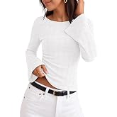 MEROKEETY Women's 2026 Boat Neck Bell Sleeve Going Out Tops | Trendy Business Casual Blouses, Long Sleeve T Shirt, Casual Outfits, Slim Fit, Textured Knit, Fall Winter Layering Clothing