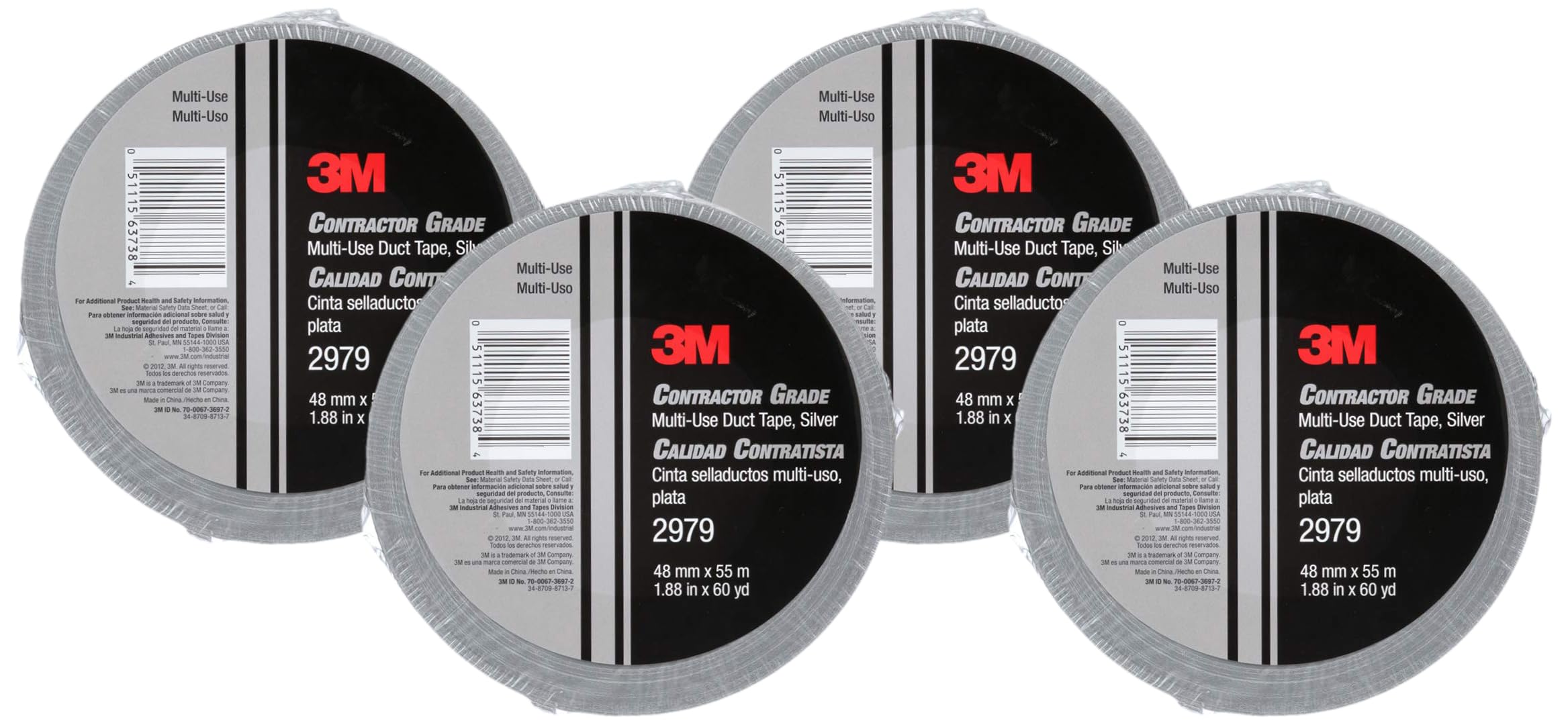 3M Talc 2979 Multi-Use Duct Tape, Silver, 1.88 in x 60 yd x 7 mil, 4 Pack, Temporary Repair, Patching, Tabbing, Capping Pipe, Marking, Labeling Image
