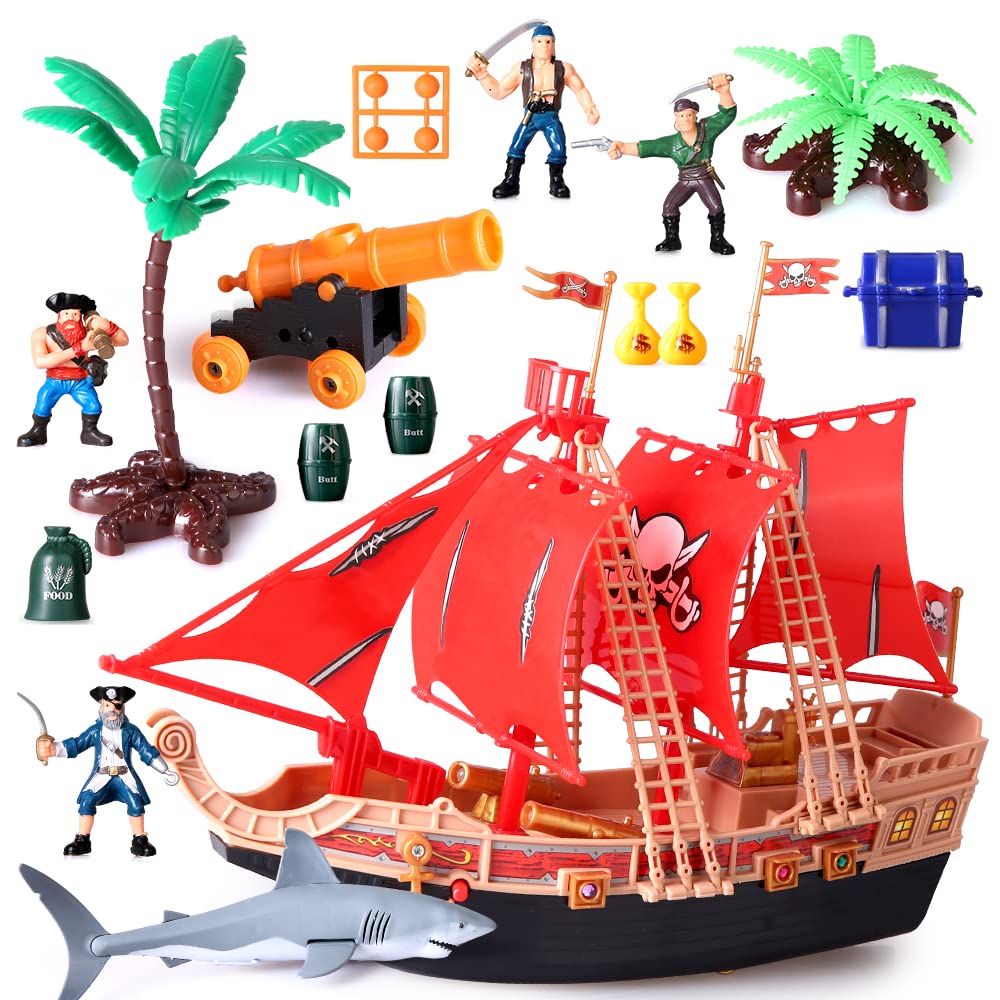Boderam Kids Pirate Ship Adventure Toys With Plastic Action Figures Pirate Vessel Playset with Shark, Boat, Cannon,Trees and Other Accessories Educational Toy for Boys Girls 3 4 5 6 7 8 Year Old
