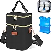 PIIOSER Baby Bottle Tote Bag with Ice Pack, Fits 4 Baby Bottles Up to 9 Ounce, Small Insulated Breastmilk Cooler Travel Bag with Shoulder Strap for Nursing & Working Mom Daycare (Black-S)