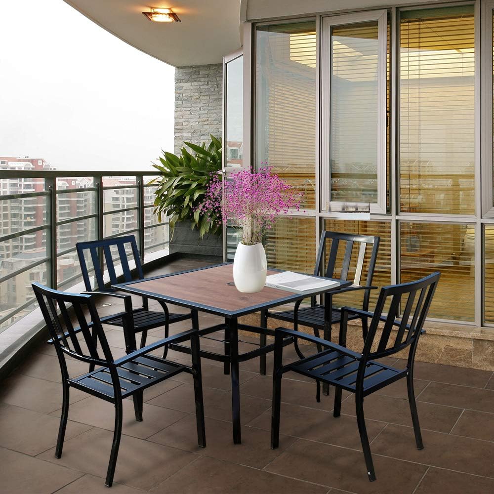EMERIT Outdoor Patio Dining Table Square Metal Table with Umbrella Hole and Wood-Like Tabletop: Kitchen & Dining