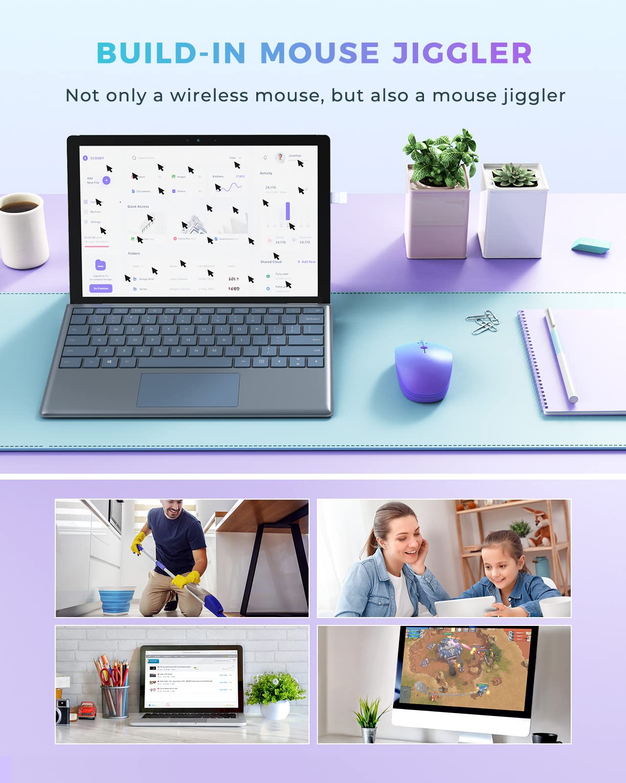 seenda USB C Wireless Mouse with Build-in Mouse Jiggler, USB & Type C 2 in 1 Recever, Rechargeable, Compatible with USB and Type C Enabled Devices, Purple