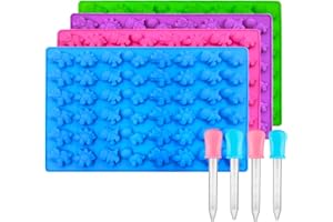 Palksky Mini Dinosaur Silicone Candy molds/Dragon Gummy Bear Mold, Non-Stick Gummie Chocolate Gelatin Tray (4-Pack+4 Droppers) Creates 192 Sweet Snacks Triceratops T-Rex Stegosaurus Brontosaurus