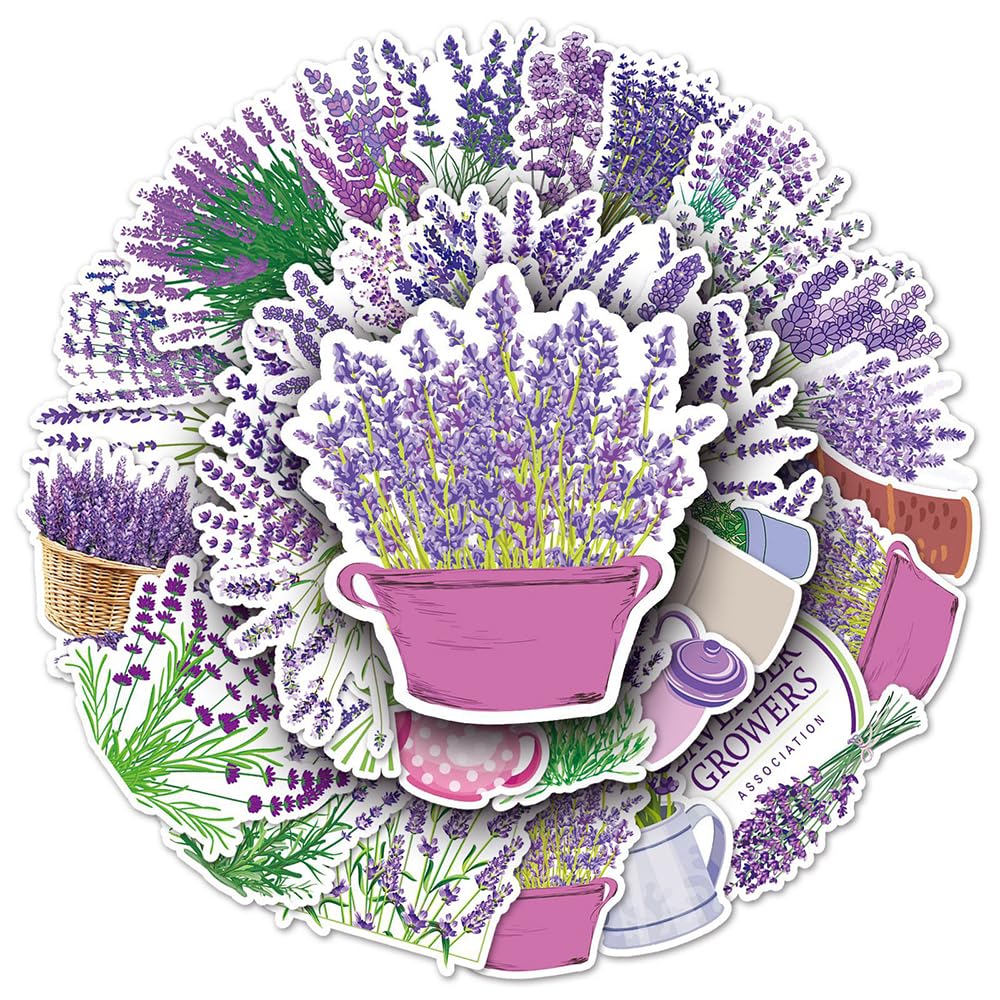 Exquite Lavender Flower Vinyl Stickers, 50 PCS Purple Lavender Botanical Decals for Journals, Scrapbooking, Laptops, Water Bottles, Planners, Notebooks & DIY Decor — image 1