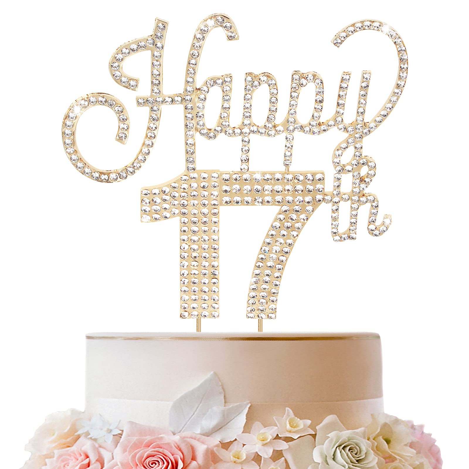 LINGTEER Happy 17th Birthday Gold Rhinestone Cake Topper - Cheers to 17th Birthday Seventeen Years Old Party Cake Centerpieces Topper Decorations Gift Sign.