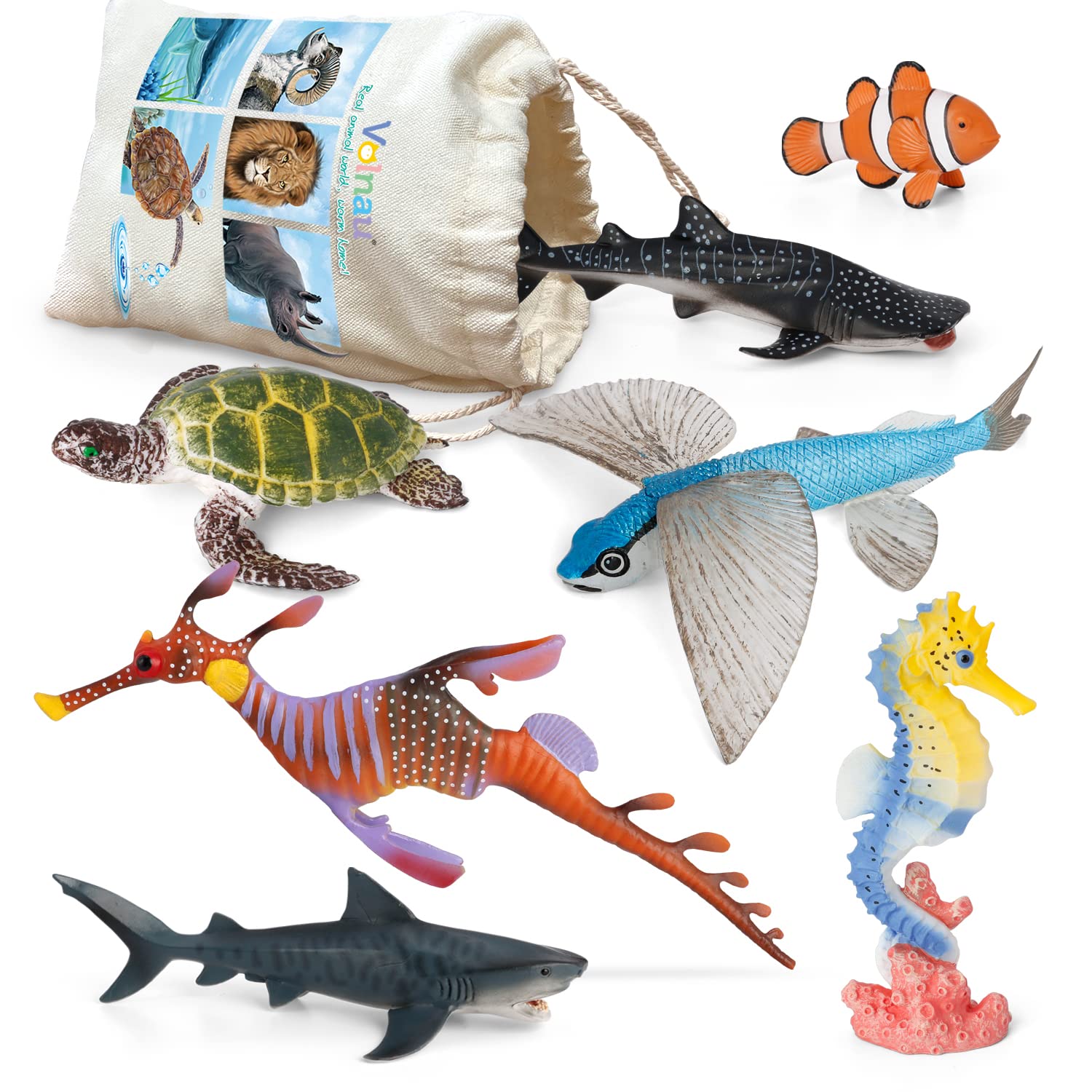 Volnau Sea Creature Toys Figures 7PCS Indian Ocean Shark Animal Figurines for Toddlers Kids Christmas Decoration Gift Plastic Fish Preschool Pack and Bath Set