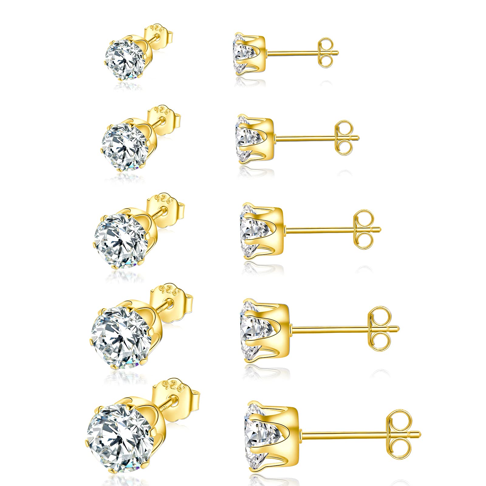 Shuxin Silver Stud Earrings for Women, 925 Sterling Silver Gold Cubic Zirconia Stud Earrings Set, Tiny Small Sleeper Cartilage Studs, Sterling Silver Stud Earrings for Women Men, 3/4 / 5/6 / 7mm