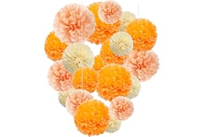 Capesaro Orange Paper Pom Poms - Peach Tissue Pom Poms Decorations for Party Hanging Decor - 15 Piece Set