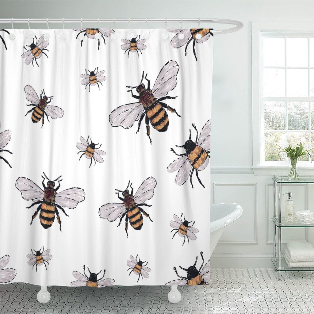 TOMPOP Shower Curtain Watercolor Bumble Big Honey Bee and Small Funny Patch with Insects Trendy Traditional on White Black Waterproof Polyester Fabric 72 x 72 inches Set with Hooks