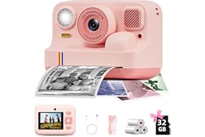 BILEBAK Instant Print Camera for Kids, Christmas Birthday Gifts for Girls Boys Age 3-15, 1080P Selfie Portable Digital Video Camera with 32GB SD Card, 3-Colored Print Paper- Pink