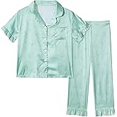 FIOBEE Girls Pajamas for Kids Silky Satin Pajamas Girls Clothes Set Short Sleeve Long Pants Ruffled Sleepwear for Size 8-14