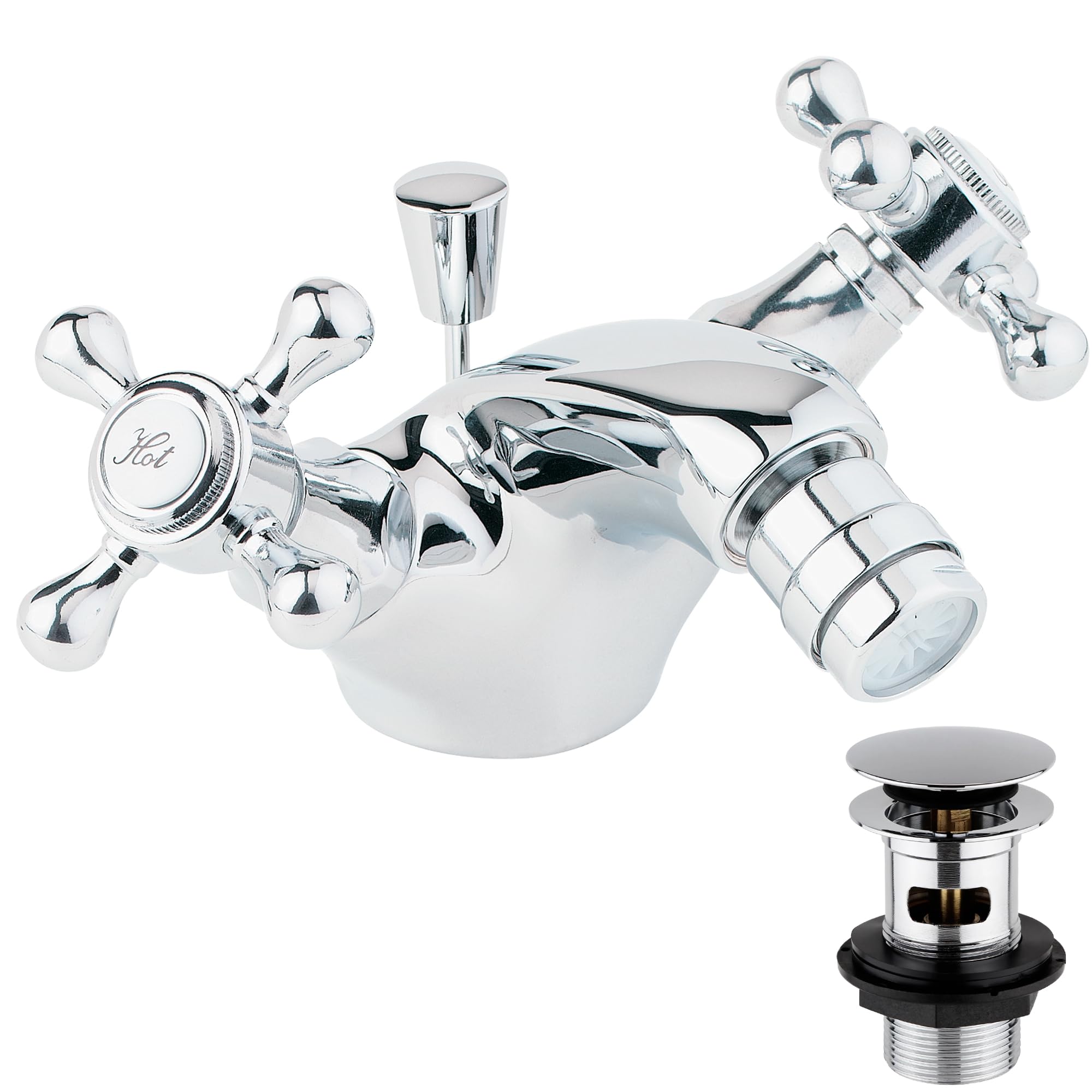 Deva TUD114 Tudor Bidet Mixer Tap in Chrome-with Pop Up Waste-Dual Cross Handle-Hot & Cold Victorian Era Deck Mounted Bathroom Basin Single Hole Silver Faucet-12 Year Warranty