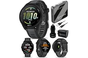 Garmin Forerunner 165 Running Smartwatch, Colorful AMOLED Touchscreen, Training Metrics and Recovery Insights Includes Wearable4U PowerPack +Adapters Bundle, Black/Slate Gray
