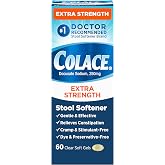Colace Extra Strength Stool Softener, 250 mg Docusate Capsules, 60 Count | No.1 Doctor Recommended Stool Softener Brand, Gentle Constipation Relief for Adults