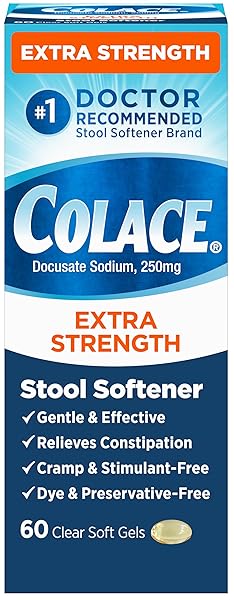 COLACE EXTRA STRENGTH STOOL SOFTENER, 60 COUNT, GENTLE CONSTIPATION RELIEF FOR ADULTS, 250 MG DOCUSATE CAPSULES, #1 DOCTOR RECOMMENDED STOOL SOFTENER BRAND