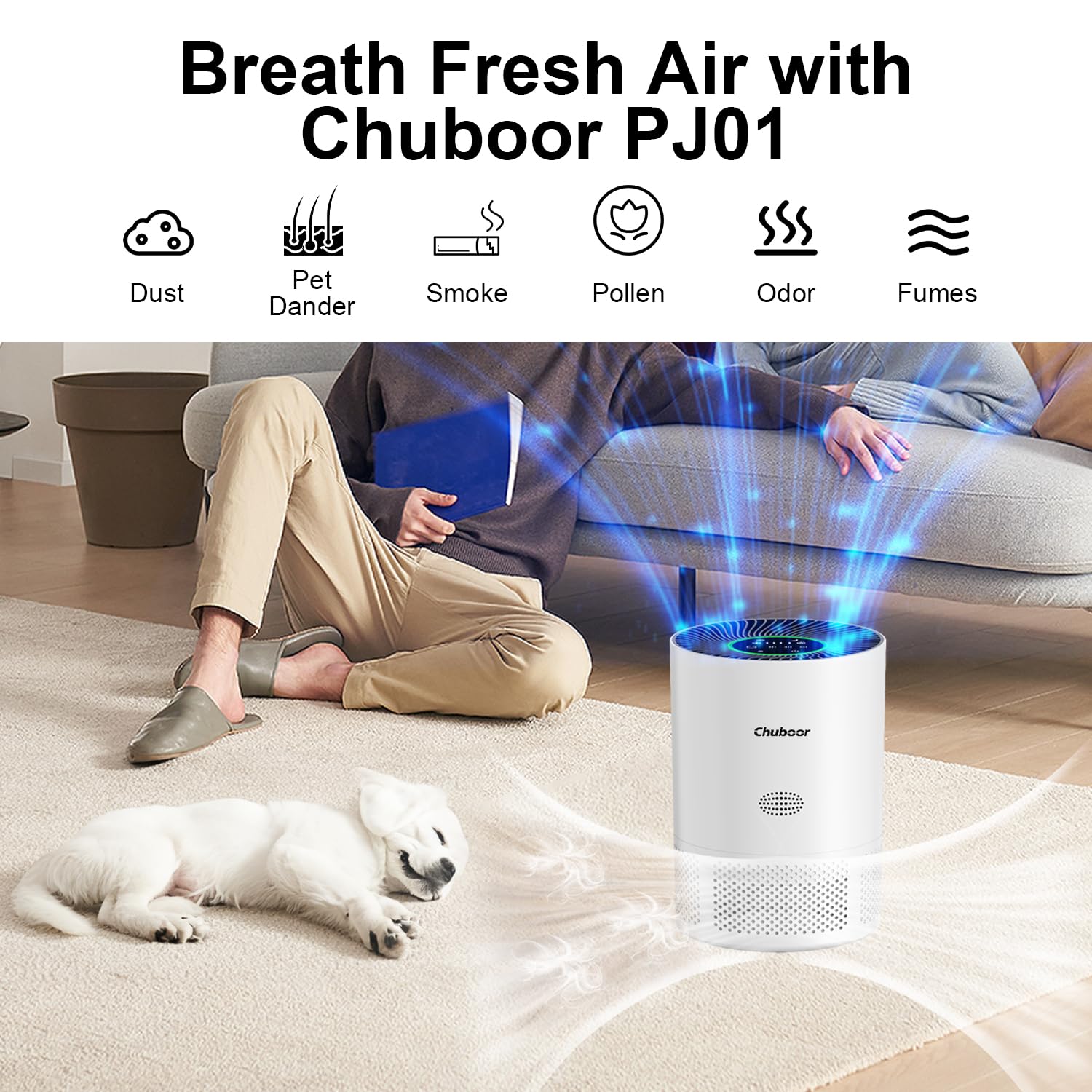 Chuboor Air Purifiers for Home Large Rooms up to 1500ft², H13 True HEPA Air Purifiers for Bedroom Dorm Room Pets or Smoke, Dust, Pollen, Odors, Auto Mode, Sleep Mode, PJ01, White