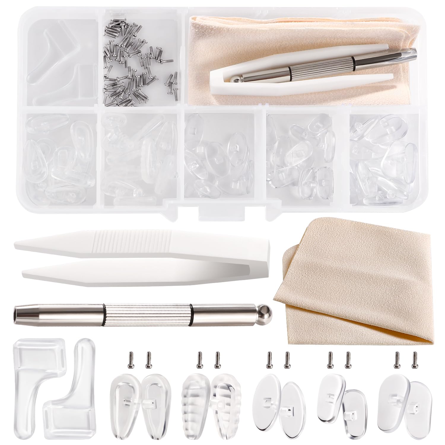 YIXISI 30 Pairs Glasses Nose Pads Kit, Eyeglass Nose Pads, Silicone Screw-in Nose Pads Glasses Repair Kit, with Screws Screwdriver Tweezers Cleaning Cloth, for Most Eyeglasses, No. 5