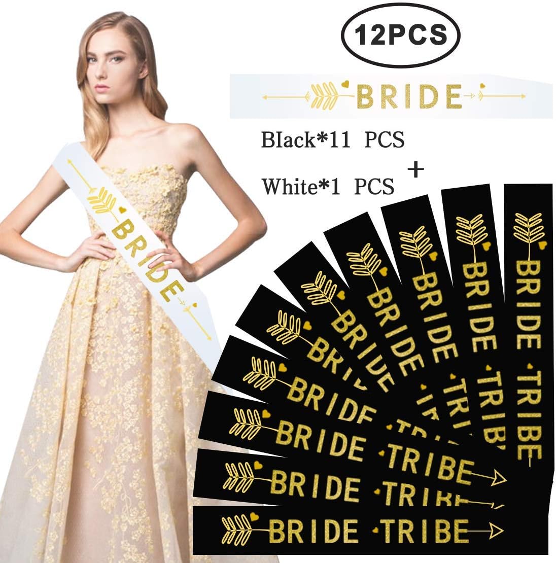 DIY House 12 Pack Bride Tribe Sashes Set 11 Black with 1 White Hen Party Sashes Decoration Team Bride and Girls Ladies Night Out (Black and White)