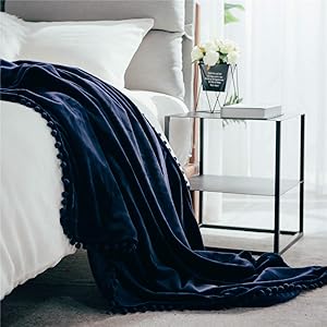 DEZENE Fleece Blanket with Pom-poms Navy: Decorative Soft Fuzzy Fluffy Plush Flannel Throw Blanket for Couch Sofa Bed Nap 60 x 80 Inch Twin
