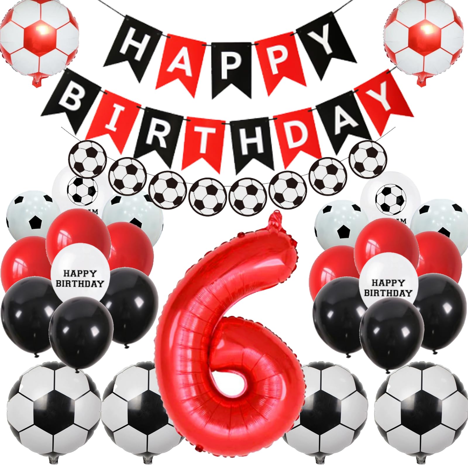 6th Football Theme Birthday Party Decorations - 29pcs Red Soccer Party Supplies with Latex balloons, Banner Champion Foil balloons, Birthday Favors for Kids