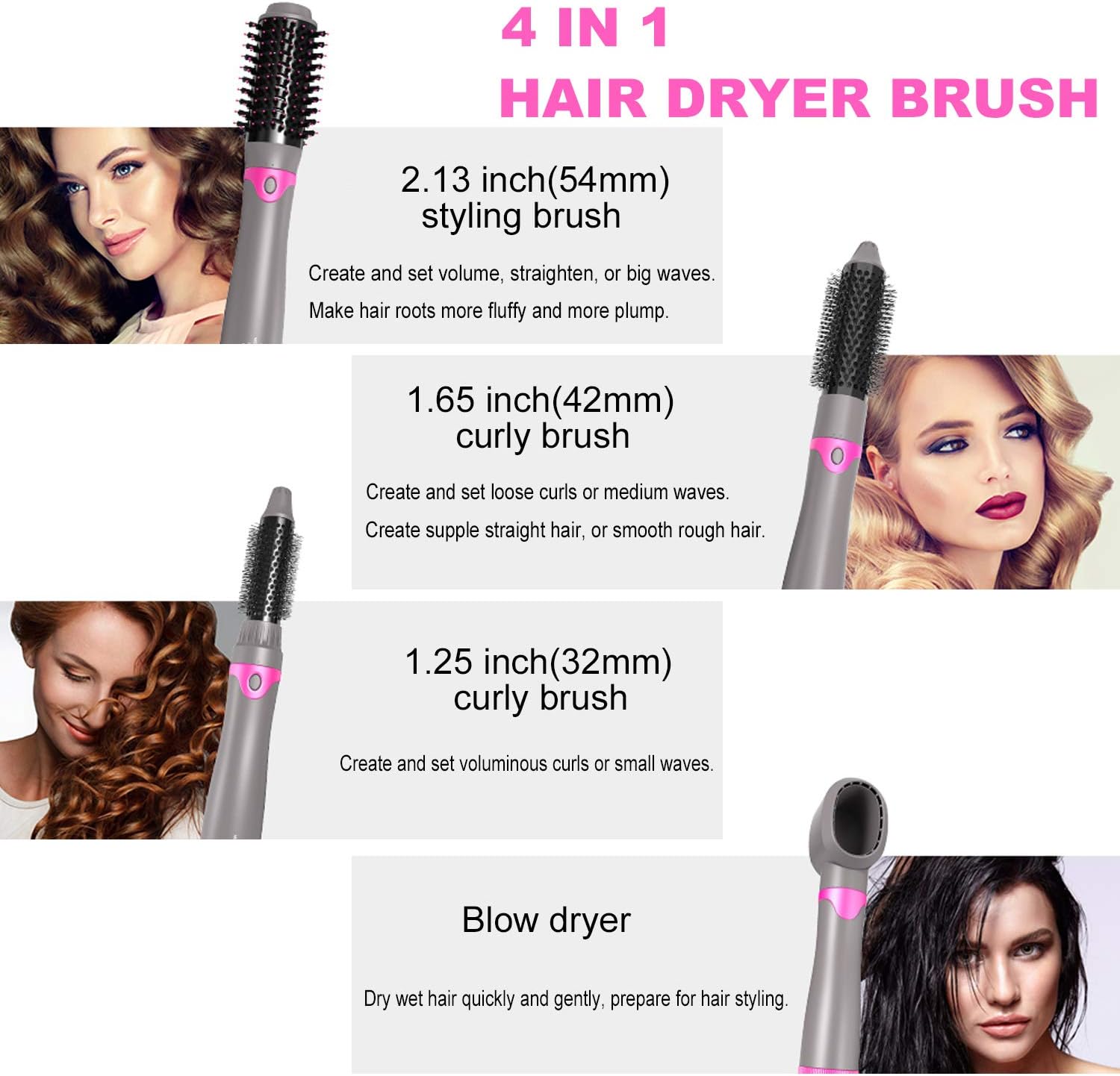 Hair Dryer Brush, Hot Air Brush, Hair Volumizer Curler Straightener Styler, Salon Negative Ion Ceramic Electric Blow Comb (4Heads): Health & Personal Care