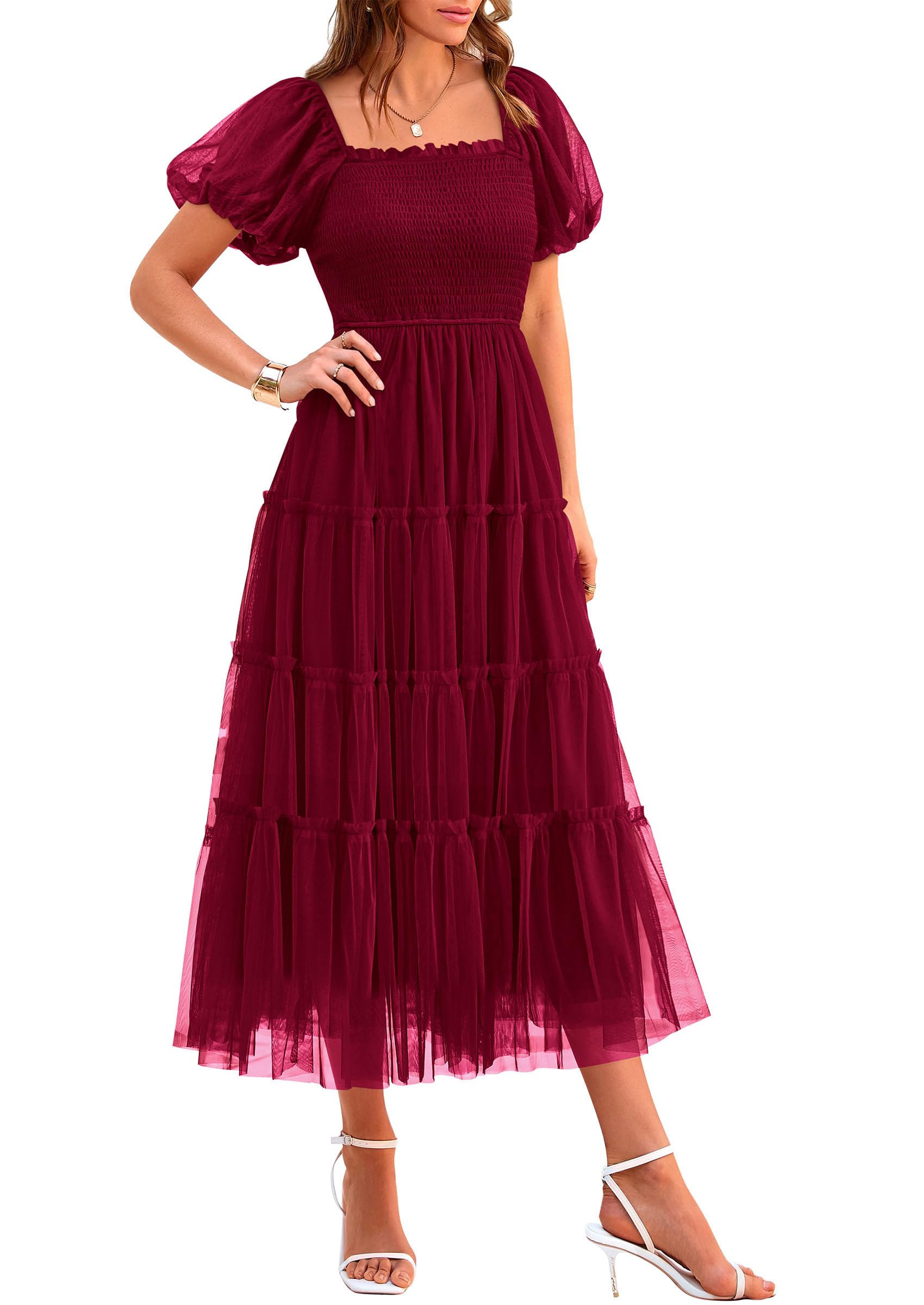 Photo 1 of PRETTYGARDEN Women's Smocked Midi Tulle Dress 2025 Summer Puffy Short Sleeve Square Neck Ruffle Wedding Guest Party Dresses (Wine Red,Large)