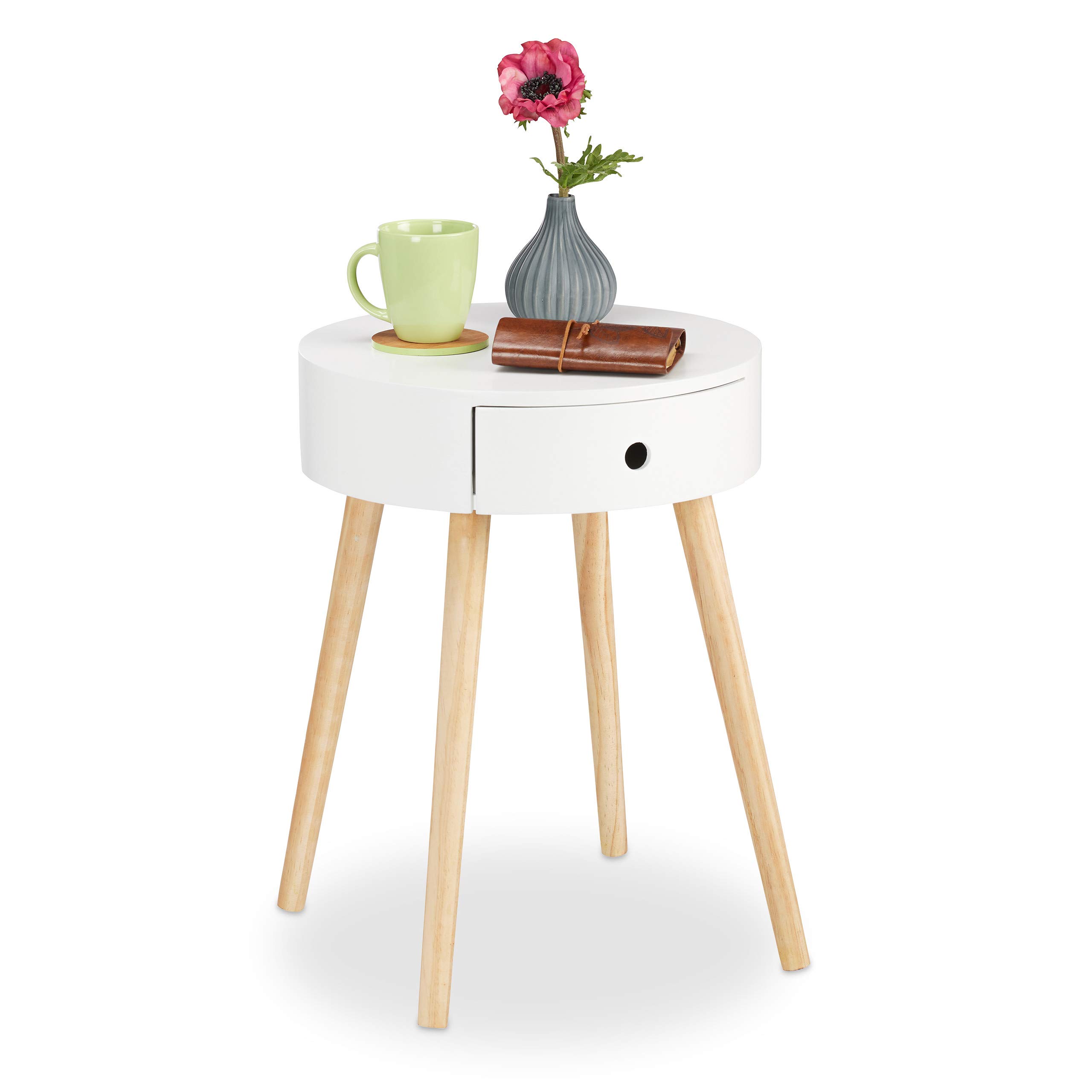 Relaxdays Round Side Table, Desk, Drawer, Scandinavian Design, Nightstand, H x Ø: 52 x 40 cm, Wood, White