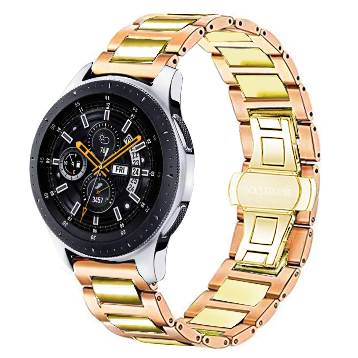 DEALELE Strap Compatible with Samsung Galaxy Watch 46mm / Galaxy 3 45mm, 22mm Stainless Steel Metal Replacement Bands for Huawei Watch GT5 / GT5 Pro / 4/4 Pro / GT4 / 3 / GT3 46mm, Rosegold-gold