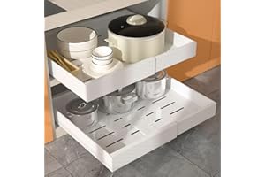 Pull Out Cabinet Organizer 2 PCS, 21" Deep, Expandable(12.4"-20.4") Slide Out Drawers for Kitchen Cabinets Fixed with Adhesiv
