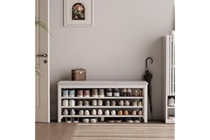 KASLANDI Shoe Bench with Leather Cushion, 3 Tiers Shoe Storage Bench Height Adjustable, Walnut Wood Entryway Bench for Hallway, Mudroom