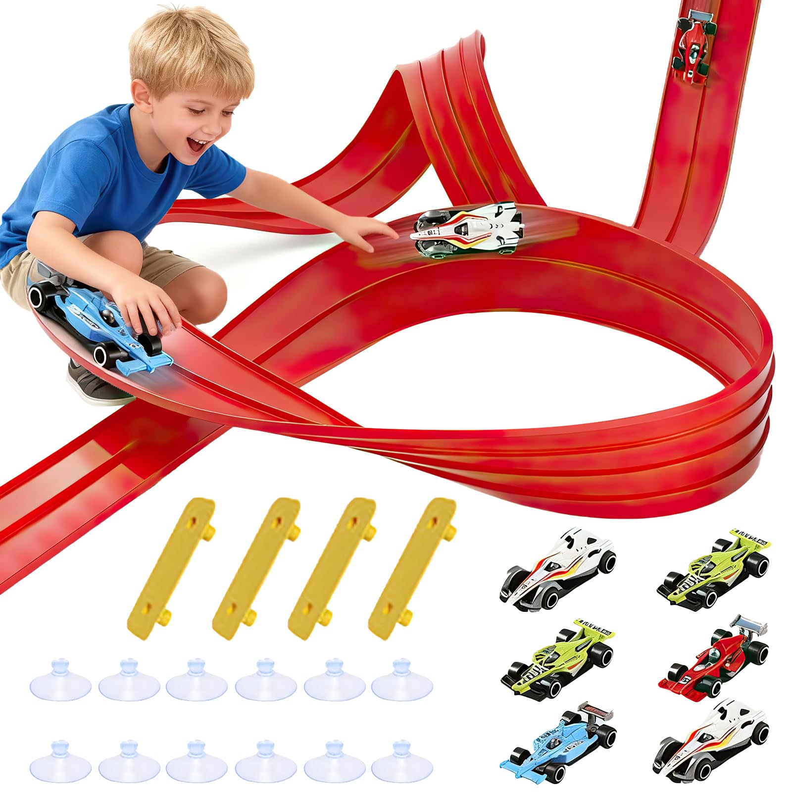 Speed Track - Car Track 4M | Flexible Race Track Set for Toy Ramp Cars | Christmas Birthday Speed Gifts for Boys,Kids (with 6 Cars, 12 Suction Cups, 4 Connecting Piece)