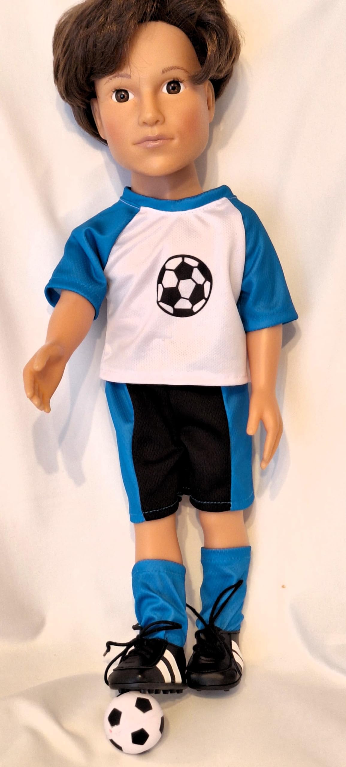 Boy's football kit with ball to fit 18" dolls like Designafriend, Our Generation, etc