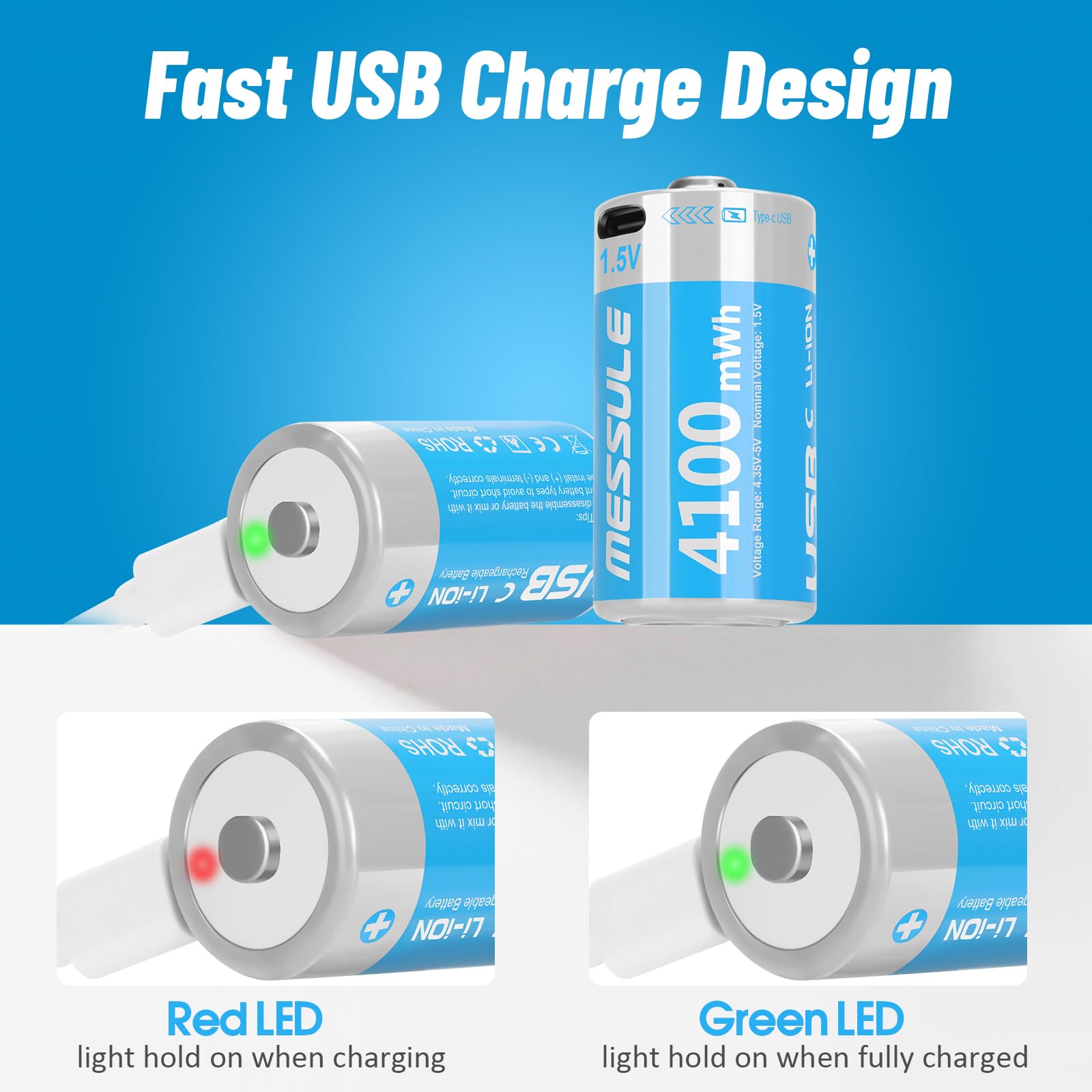 Rechargeable Lithium C Batteries with 4 in 1 USB-C Charge Cable,4 Pack C Cell Li-ion Battries,LR14 1.5V C Size Cell Battery Replacement 4100mWh for Floodlight Toys(4 Pcs)