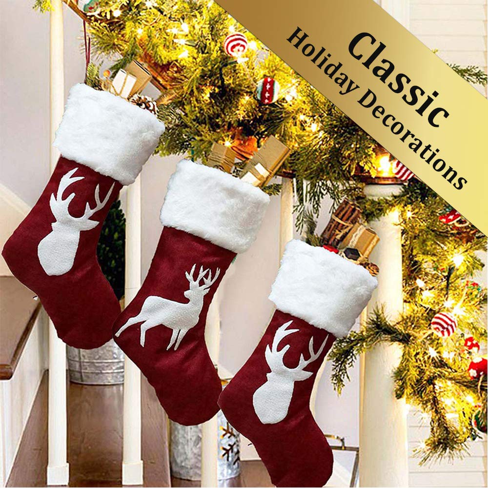 Christmas Stockings Red Reindeer - 3 Pcs Stylish Xmas Stockings Decorations - Classic Family Holiday Decor - Red Elk Embroidery Set with Faux Fur - Christmas stockings Storage for Treats and Gifts