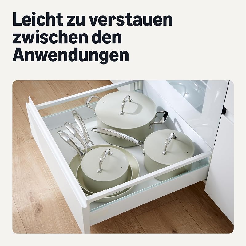 Antihaft-Keramikkochgeschirr, 8-Teiliges Topf- und Pfannenset, Spülmaschinen- und Ofenfest, Für alle Herdarten geeignet, Leinengrau